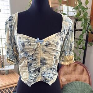 Urban Outfitters Kyra Pale Yellow & Boyfriend Blue Ruched Corset Milk Maid Top